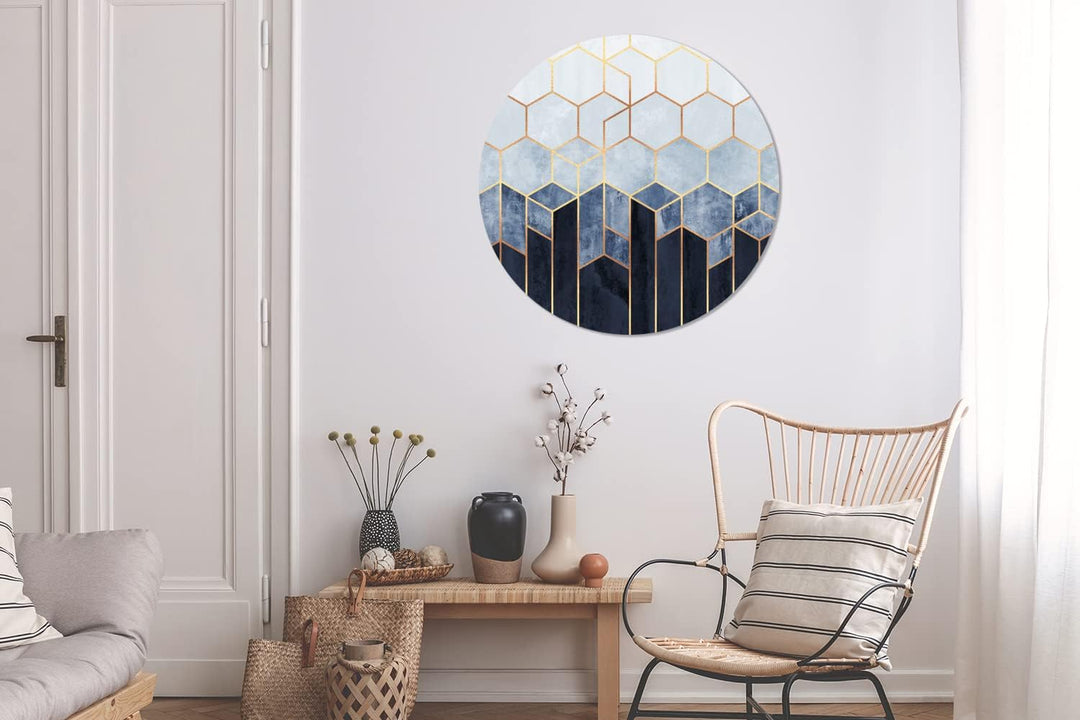 MuchoWow Wandbild Rund Wanddeko Deko Wohnzimmer Bilder 90x90 cm Sechseck - Gold - Schablonen, 90x90