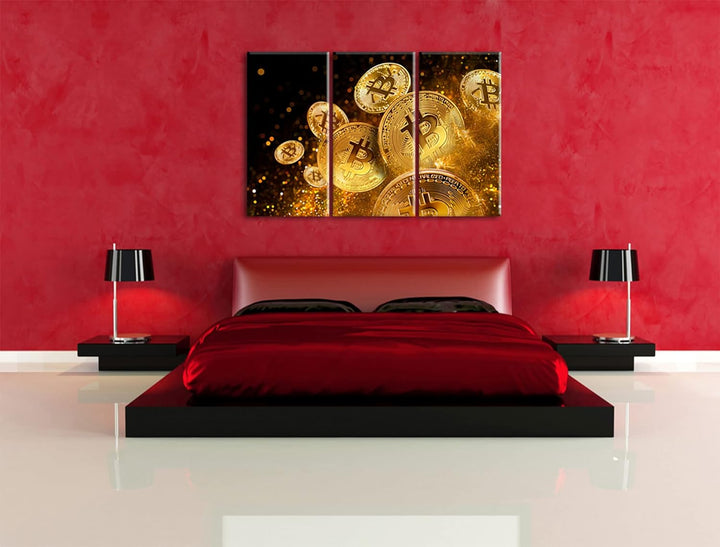 funkelnder Bitcoin BTCals Leinwandbild 3 teilig | Grösse: 120x80 cm | Wandbild | Kunstdruck | fertig