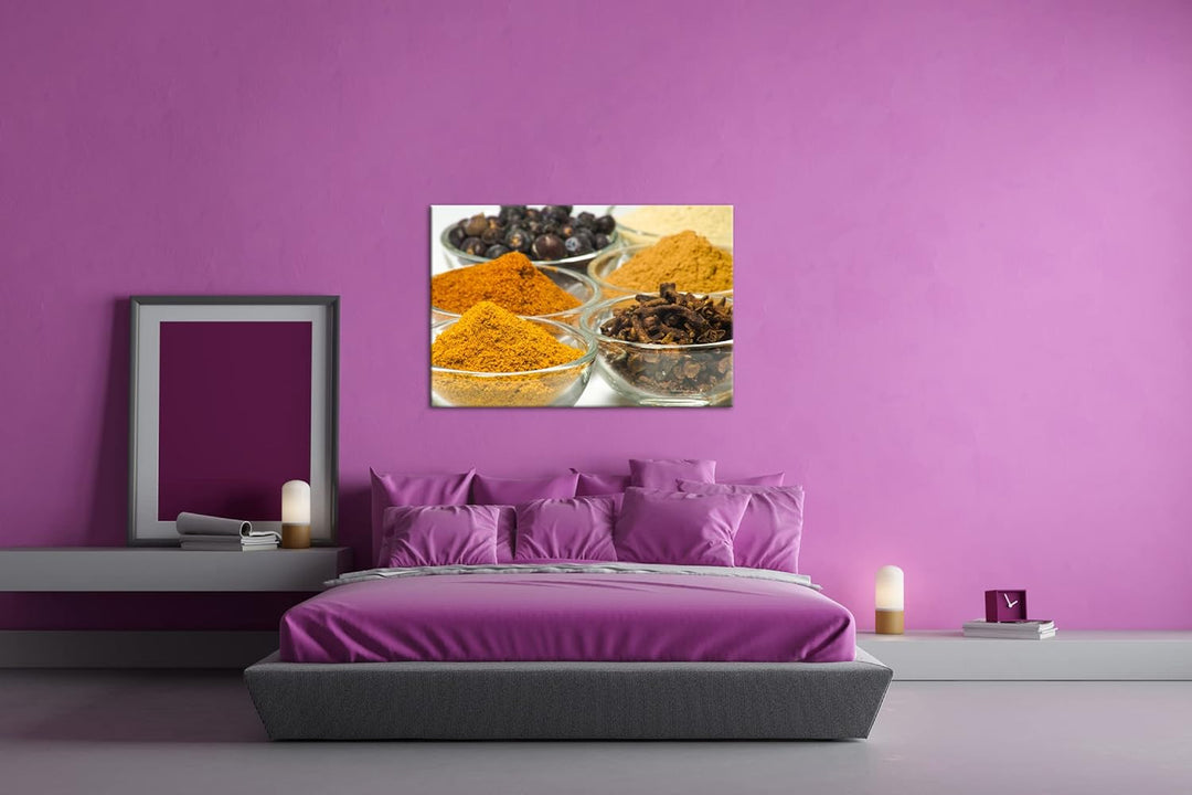 deyoli viele Gläser mit Gewürzen im Format: 80x60 als Leinwandbild, Motiv fertig gerahmt auf Echthol