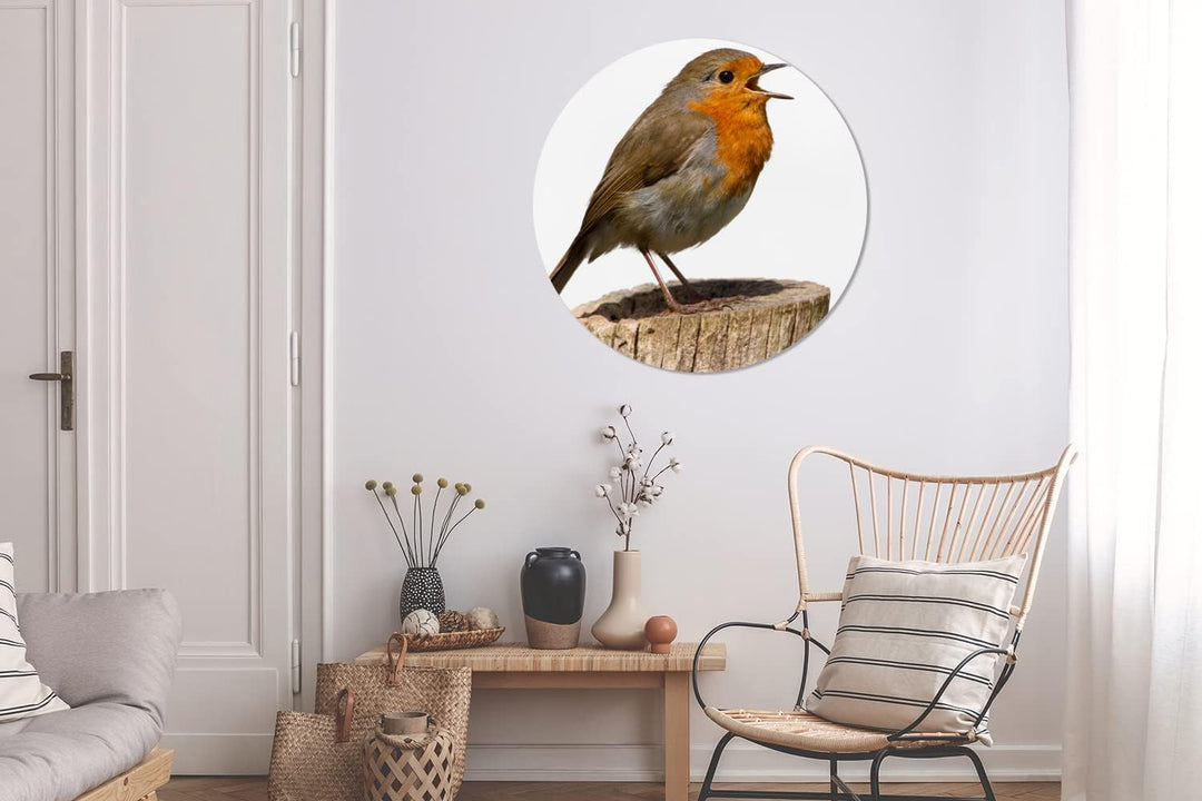 MuchoWow Wandbild Rund Wanddeko Deko Wohnzimmer Bilder 90x90 cm Rotkehlchen - Vogel - Holz, 90x90 cm