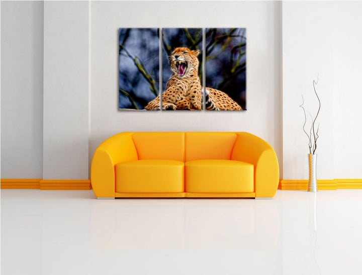 Gepard gähnt Spezial 3-Teiler Leinwandbild 120x80 Bild auf Leinwand, XXL riesige Bilder fertig gerah