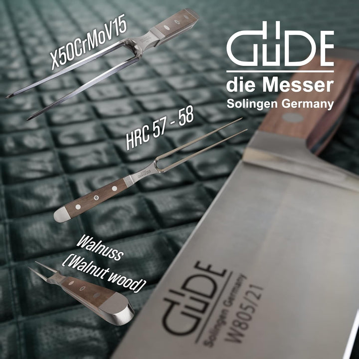 GÜDE Solingen - Fleischgabel geschmiedet, 18 cm, Walnussholz, ALPHA WALNUSS, Doppelkropf, Handmade G