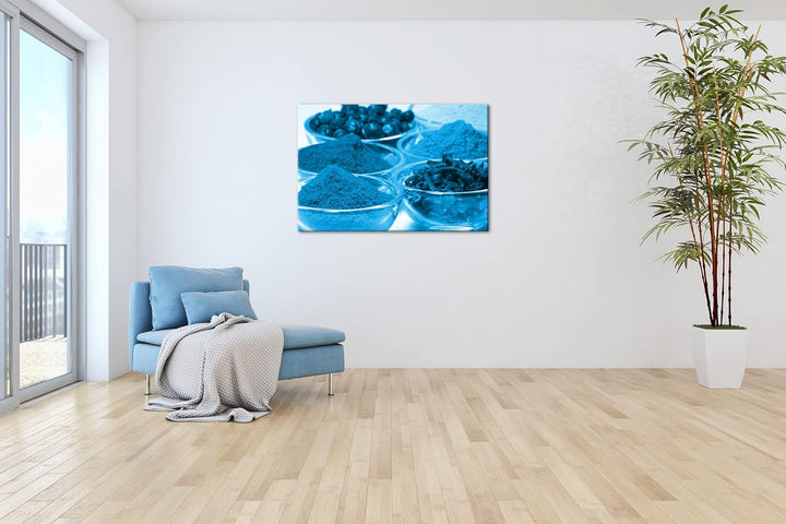 deyoli viele Gläser mit Gewürzen Format 80x60 Effekt: Monocrome Blau als Leinwandbild, Motiv fertig