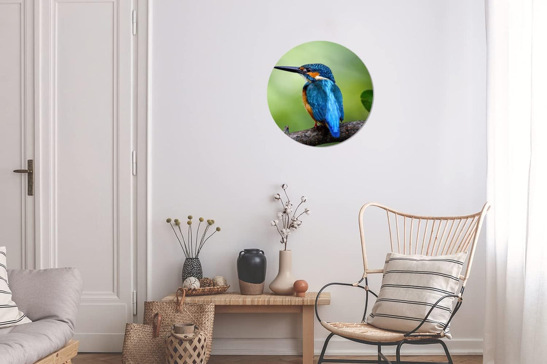 MuchoWow Wandbild Rund Wanddeko Deko Wohnzimmer Bilder 30x30 cm Eisvogel - Zweig - Blau, 30x30 cm