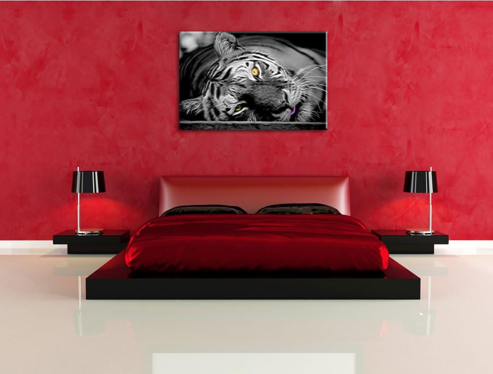 ruhender Tiger schwarz/weiss Deluxe Format: 100x70 cm auf Leinwand, XXL riesige Bilder fertig gerahm