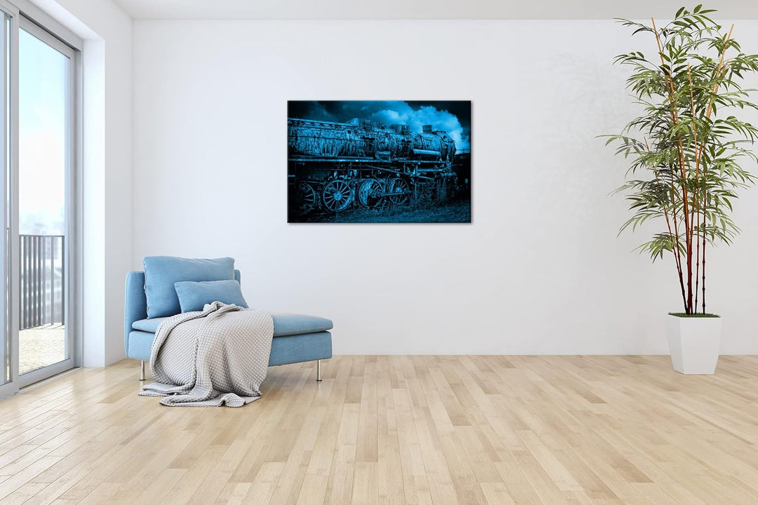 deyoli uralte Dampflokomotive Format 80x60 Effekt: Monocrome Blau als Leinwandbild, Motiv fertig ger