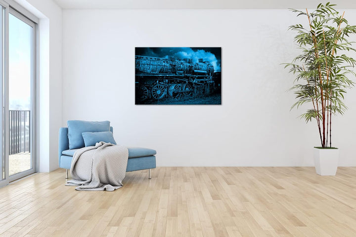 deyoli uralte Dampflokomotive Format 80x60 Effekt: Monocrome Blau als Leinwandbild, Motiv fertig ger