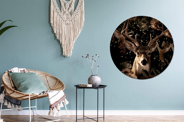 MuchoWow Wandbild Rund Wanddeko Deko Wohnzimmer Bilder 90x90 cm Hirsche - Blumen - Licht - Botanisch