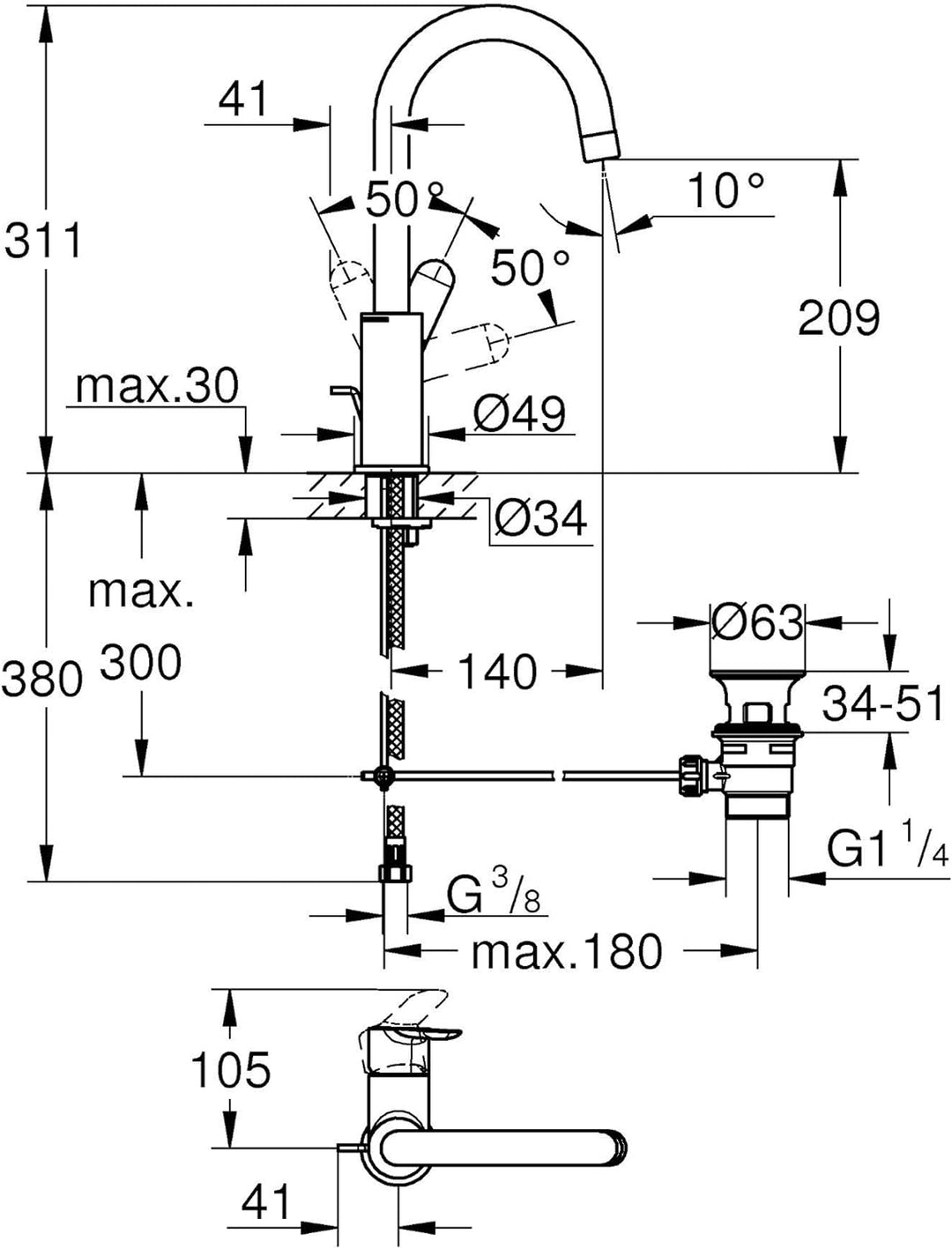 GROHE BauEdge - Einhand-Waschtischarmatur (wassersparend, DN15, L-Size), chrom, 23760000 Chrom L-Siz