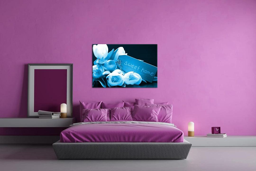 deyoli Tulpen Sweet Home Format: 100x70 Effekt: Monocrome Blau als Leinwand, Motiv fertig gerahmt au