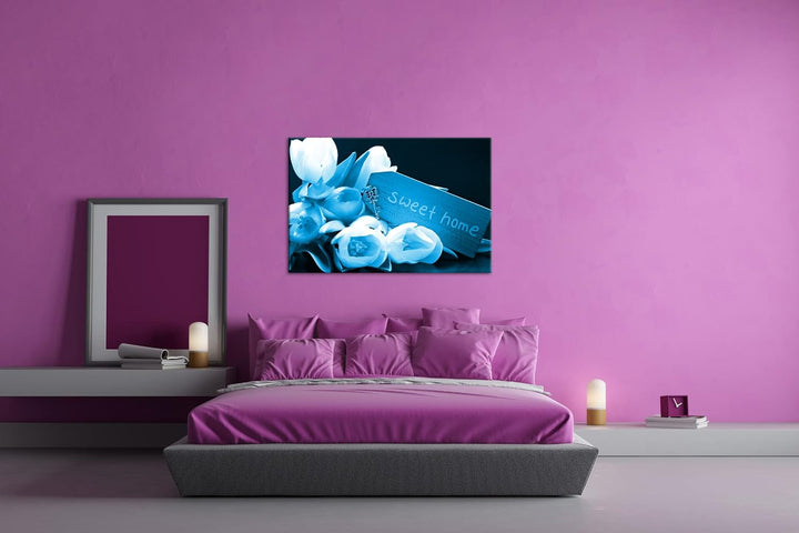 deyoli Tulpen Sweet Home Format: 100x70 Effekt: Monocrome Blau als Leinwand, Motiv fertig gerahmt au