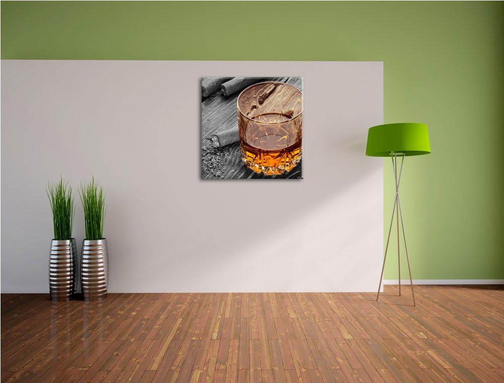 Pixxprint Zigarren hinter Whiskeyglas als Leinwandbild/Grösse: 70x70 cm/Wandbild/Kunstdruck/fertig b