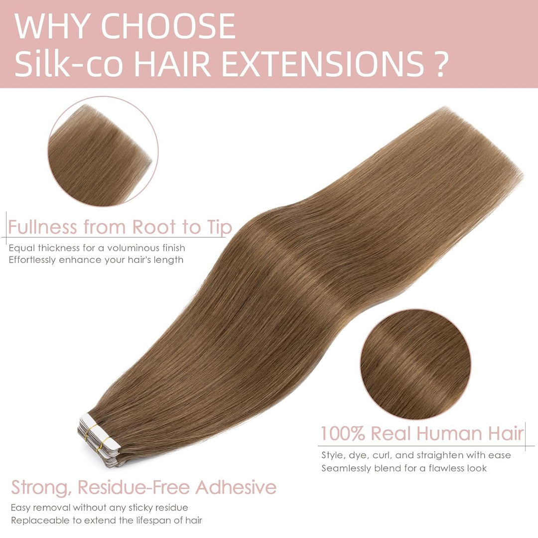 Silk-co Tape Extensions Echthaar 20stk, Haarverlängerung Tape in Extensions Echthaar, Remy Haarexten