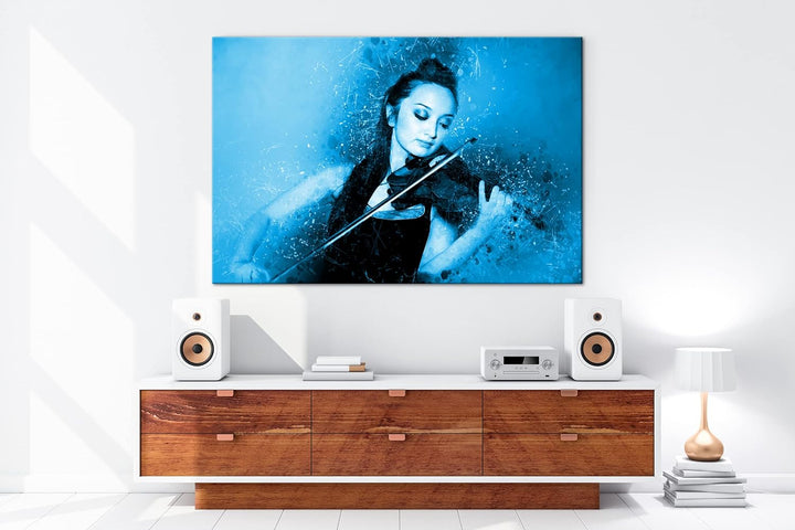 deyoli schöne Frau spielt Geige Format 80x60 Effekt: Monocrome Blau als Leinwandbild, Motiv fertig g