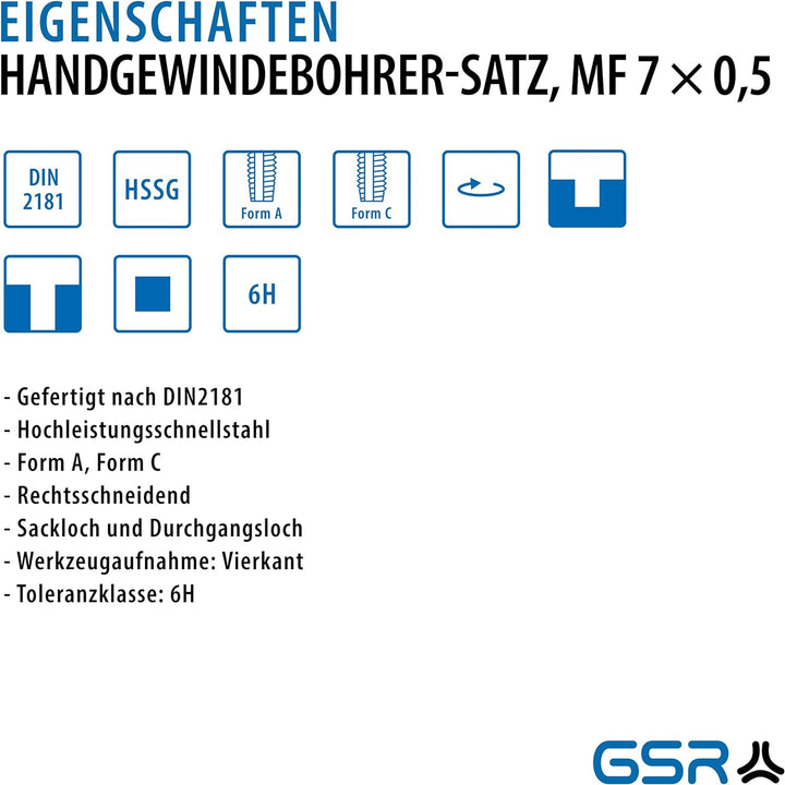 GSR Gewindebohrer 2-teilig, HSSG (MF 7 x 0,5) Metrisch Fein MF 7 x 0,5, Metrisch Fein MF 7 x 0,5