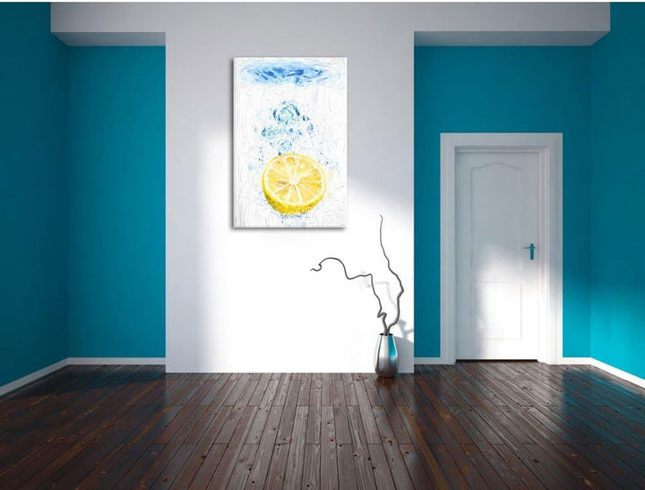 Pixxprint Zitrone fällt ins Wasser als Leinwandbild/Grösse: 100x70 cm/Wandbild/Kunstdruck/fertig bes