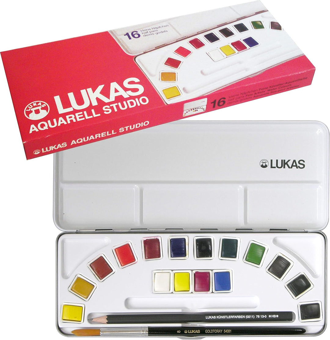 LUKAS AQUARELL STUDIO, Aquarellfarben in Premium-Qualität, Set mit 16 x 1/2-Näpfchen mit Pinsel und