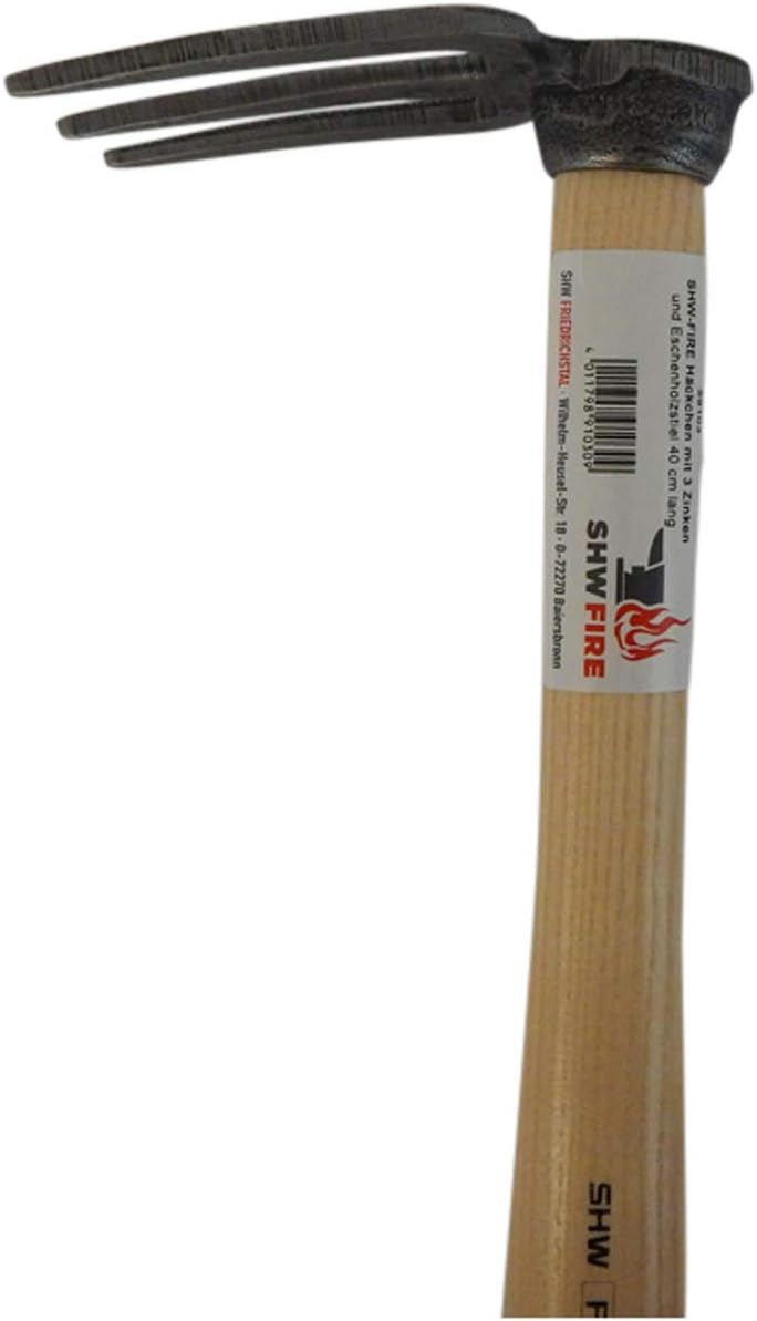 SHW-FIRE Handhacke: 3-Zinken Gartenhacke mit Eschenholzstiel - 40cm kurz - hochwertig geschmiedet