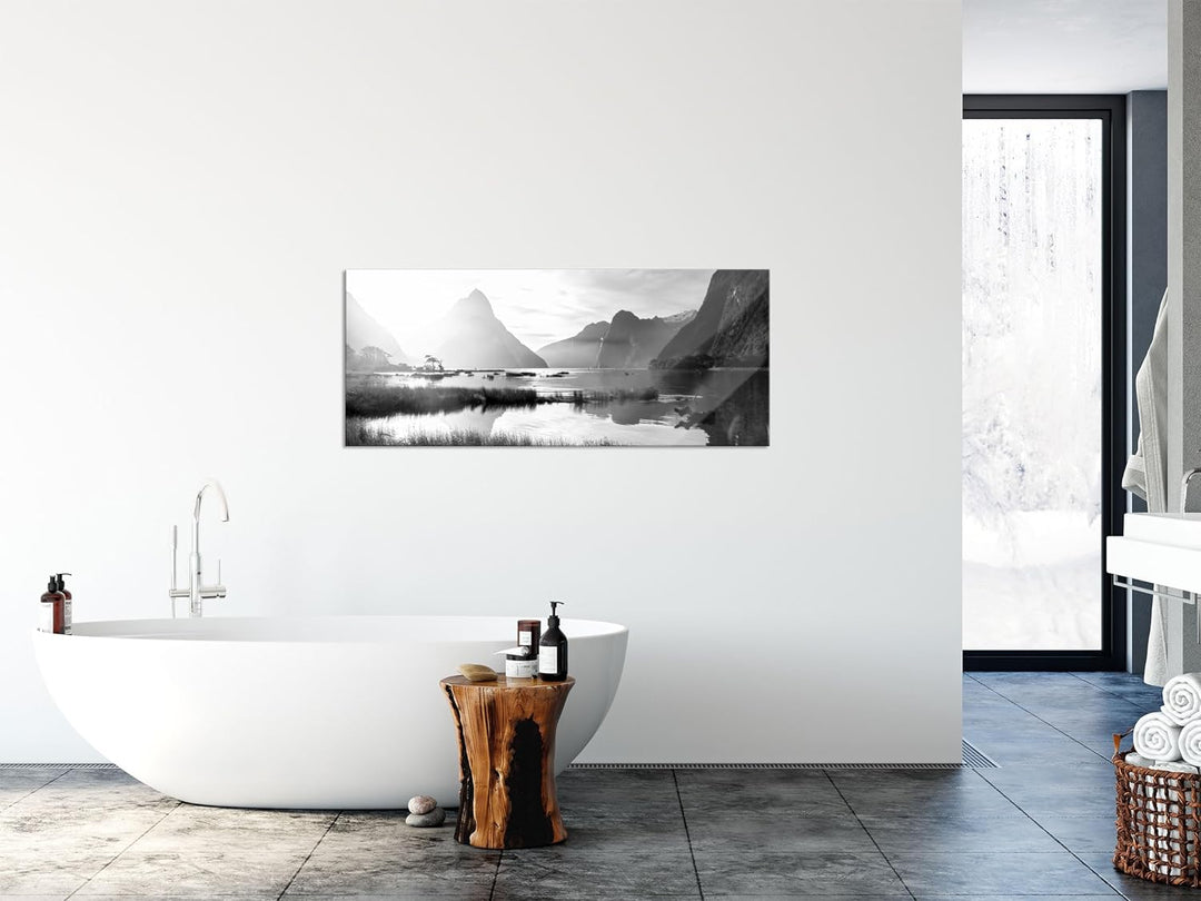 Glasbild Panorama | Wandbild aus Echtglas | Milford Sound Neuseeland | 100x40 cm | inkl. Aufhängung