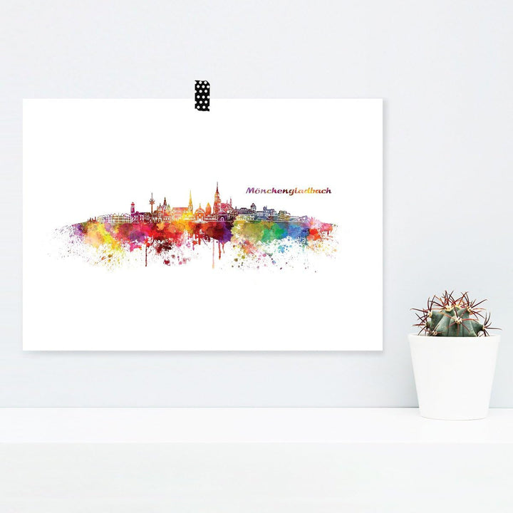JUNIWORDS Poster mit/ohne Holzrahmen, Wähle ein Motiv, Aquarell Skyline Mönchengladbach, Wähle eine