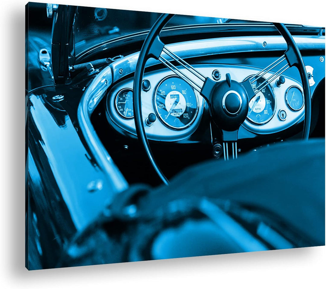deyoli Roter Cabrio Oldtimer Format 80x60 Effekt: Monocrome Blau als Leinwandbild, Motiv fertig gera