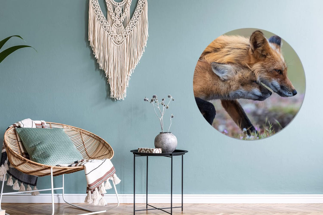 MuchoWow Wandbild Rund Wanddeko Deko Wohnzimmer Bilder 90x90 cm Rotfuchs mit Jungtier, 90x90 cm