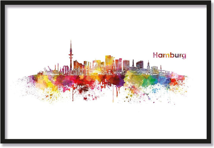 JUNIWORDS Poster mit/ohne Holzrahmen, Wähle ein Motiv, Aquarell Skyline Hamburg, Wähle eine Grösse,
