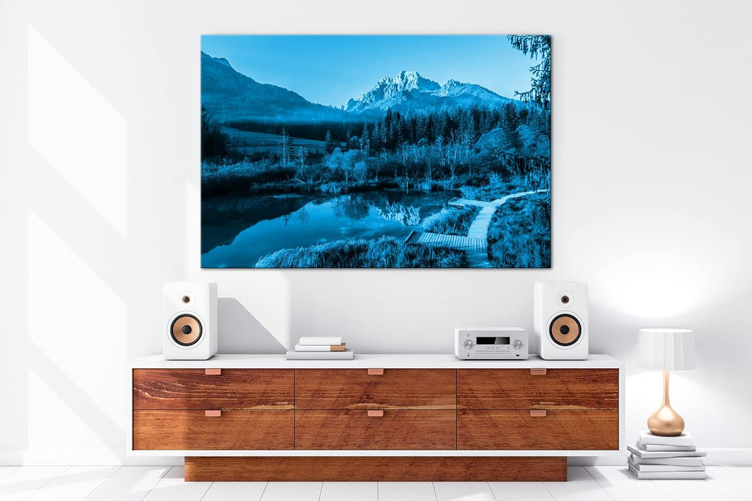 deyoli stiller See im Tal Format 80x60 Effekt: Monocrome Blau als Leinwandbild, Motiv fertig gerahmt