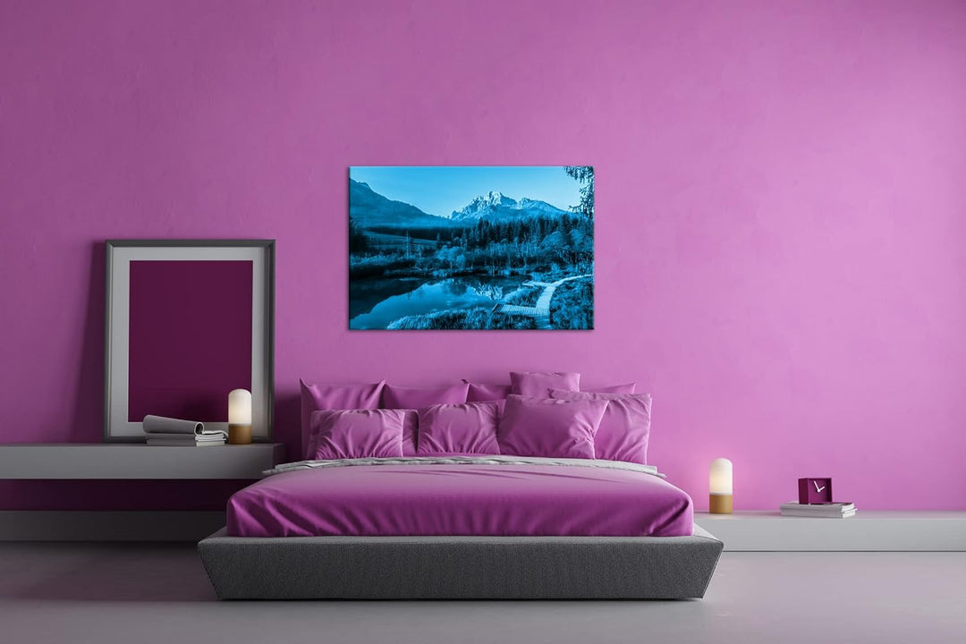 deyoli stiller See im Tal Format 80x60 Effekt: Monocrome Blau als Leinwandbild, Motiv fertig gerahmt