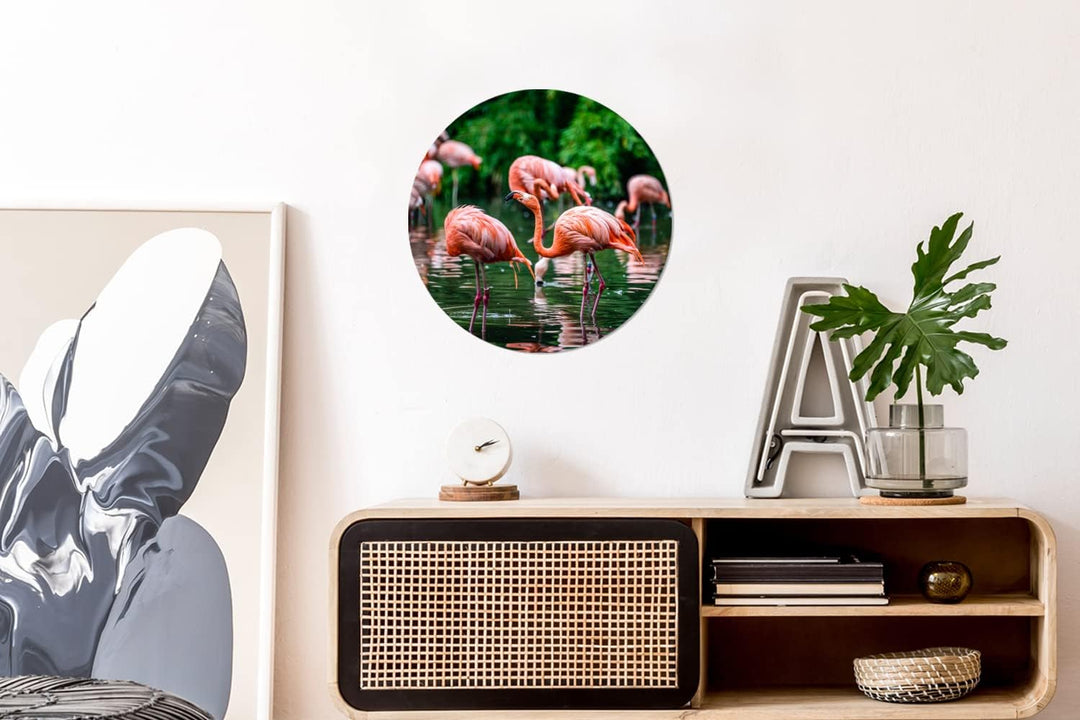 MuchoWow Wandbild Rund Wanddeko Deko Wohnzimmer Bilder 30x30 cm Flamingo - Tropisch - Vogel - Wasser