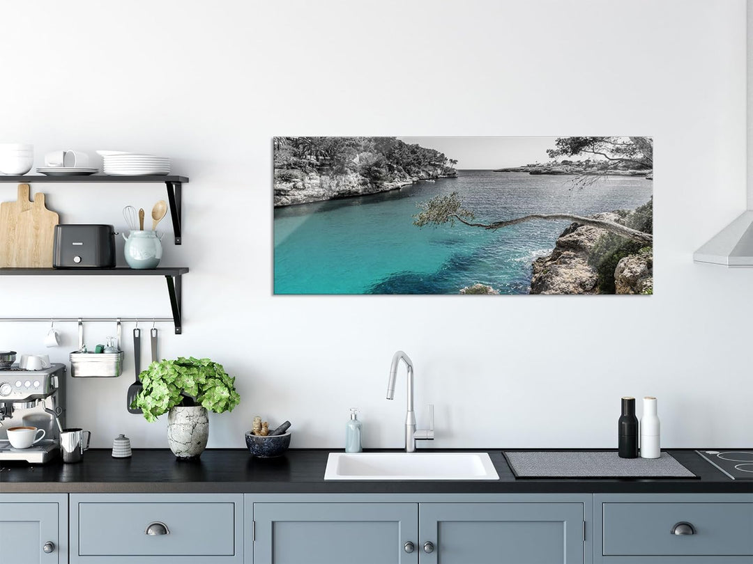 Glasbild Panorama | Wandbild aus Echtglas | Mallorca Bay Cove | 100x40 cm | inkl. Aufhängung und Abs