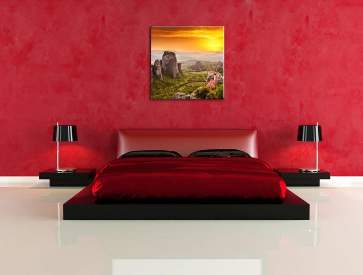 Häuser auf Felsen, Format: 70x70 auf Leinwand, XXL riesige Bilder fertig gerahmt mit Keilrahmen, Kun