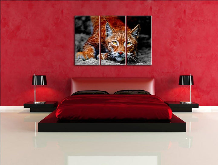 grosser wachsamer Luchs schwarz/weiss Deluxe 3-Teiler Leinwandbild 120x80 Bild auf Leinwand, XXL rie