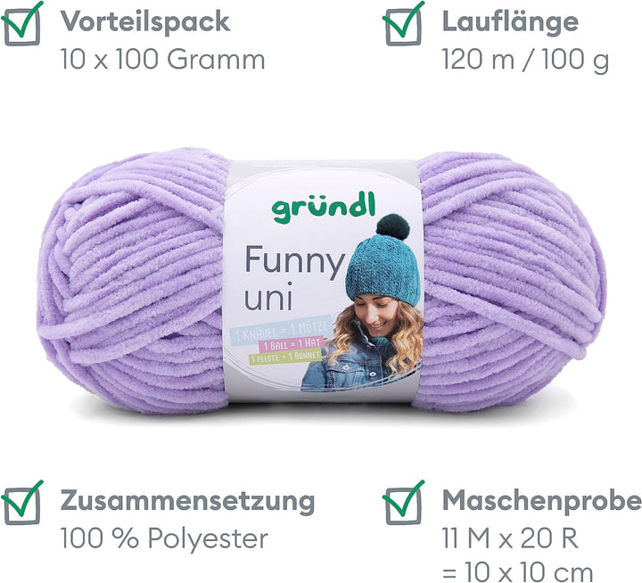 Gründl Funny uni Strick- & Häkelgarn (samtartiges Chenille-Garn aus 100% Polyester, 10 x 100 g / 120