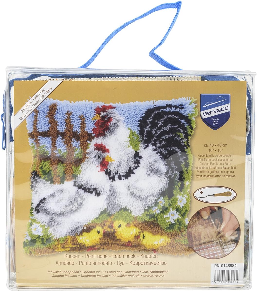 Vervaco Knüpfkissen Hühnerfamilie auf dem Bauernhorf Knüpfpackung, Baumwolle, Mehrfarbig, 40 x 40 x