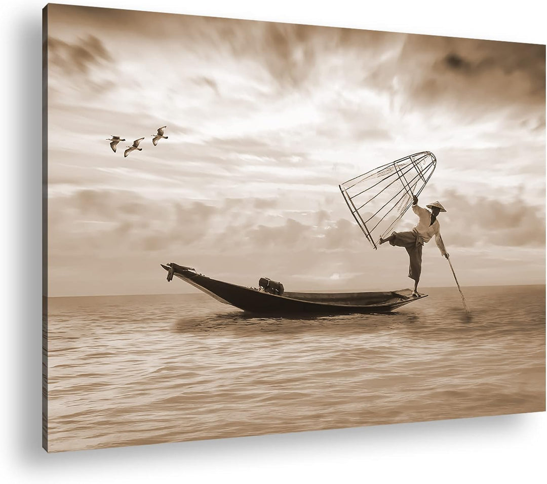 deyoli verspielter Fischer auf seinem Boot Effekt: Sepia Format: 120x80 als Leinwandbild, Motiv fert