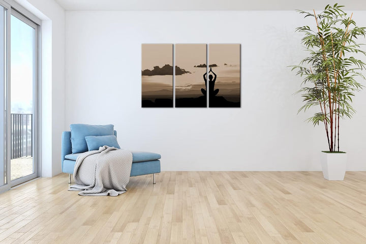 deyoli Yoga Meditation am Meer Format: 3Teilig Effekt: Sepia als Leinwandbild, Motiv fertig gerahmt