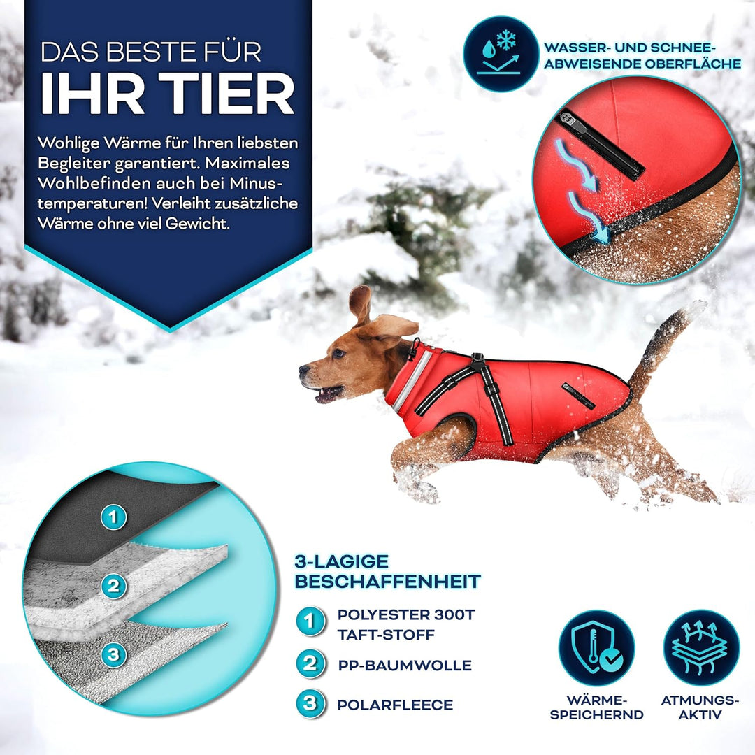 TRESKOยฎ Hundejacke Winter mit Reflektoren inkl. 15 Stรผck Kotbeutel + Spender | Hunderegenmantel wass