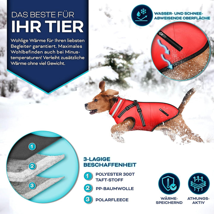 TRESKOยฎ Hundejacke Winter mit Reflektoren inkl. 15 Stรผck Kotbeutel + Spender | Hunderegenmantel wass