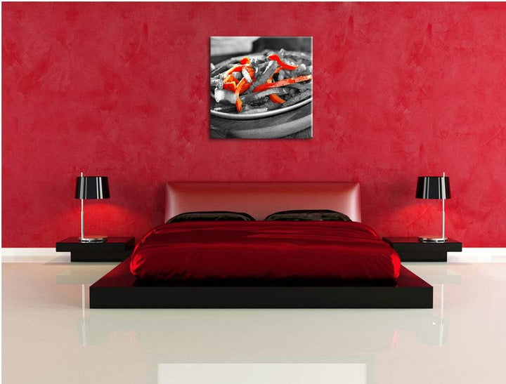 Gegarte Fleischpfanne mit Paprika als Leinwandbild Quadratisch| Grösse: 70x70 | Wandbild| Kunstdruck