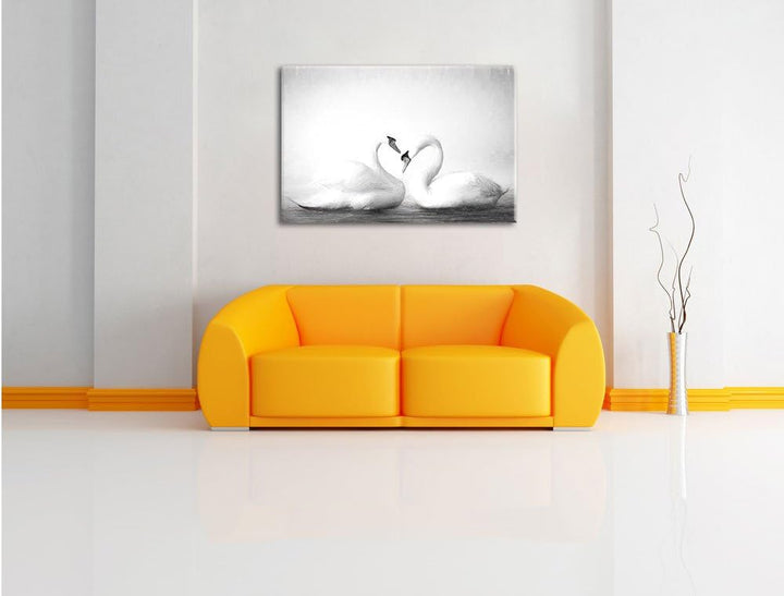 Pixxprint Zwei Schwäne auf dem Wasser Kunst / 100x70cm Leinwandbild bespannt auf Holzrahmen/Wandbild