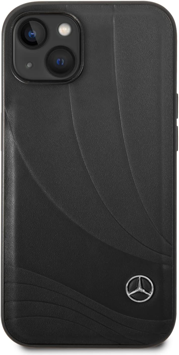 CG MOBILE Mercedes-Benz Handyhülle für iPhone 14 Plus in schwarzem Wellenmuster, Echtleder-Schutzhül
