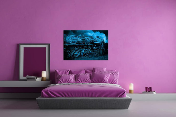 deyoli uralte Dampflokomotive Format 80x60 Effekt: Monocrome Blau als Leinwandbild, Motiv fertig ger