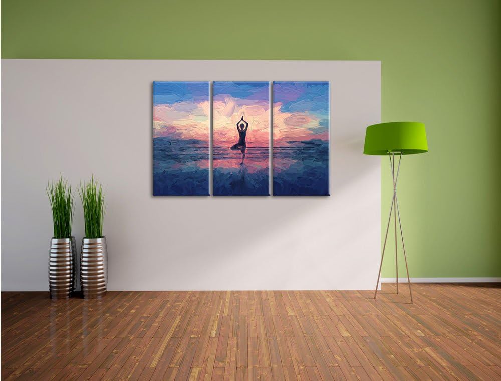 Pixxprint Yoga am Strand Kunst als Leinwandbild/Grösse: 3 Teilig (120x80) / Wandbild/Kunstdruck/fert
