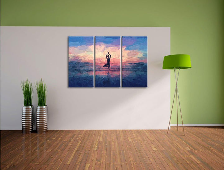 Pixxprint Yoga am Strand Kunst als Leinwandbild/Grösse: 3 Teilig (120x80) / Wandbild/Kunstdruck/fert