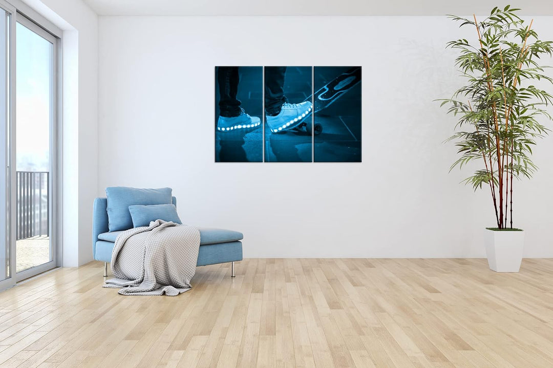 deyoli Skateboardfahrer mit leuchtenden Schuhen Format 120x80 3Teilig Effekt: Monocrome Blau als Lei