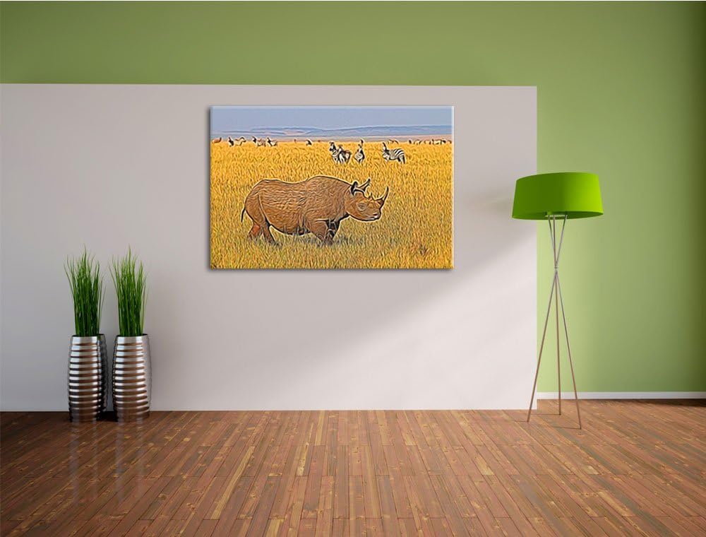 grosses Nashorn mit Zebrahorde Spezial Format: 100x70 cm auf Leinwand, XXL riesige Bilder fertig ger