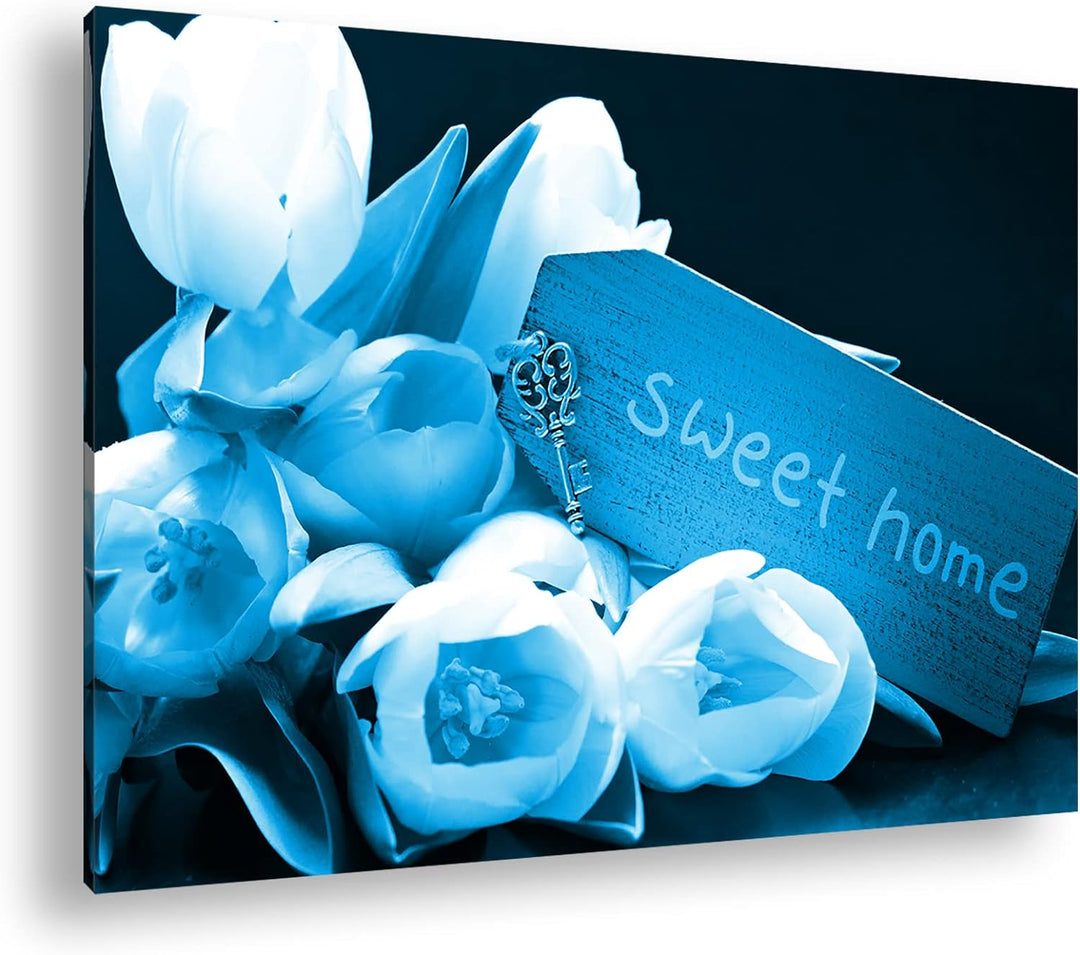 deyoli Tulpen Sweet Home Format: 80x60 Effekt: Monocrome Blau als Leinwand, Motiv fertig gerahmt auf