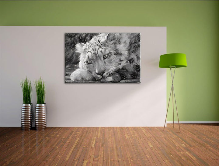 ruhender Schneeleopard Deluxe Format: 100x70 cm auf Leinwand, XXL riesige Bilder fertig gerahmt mit