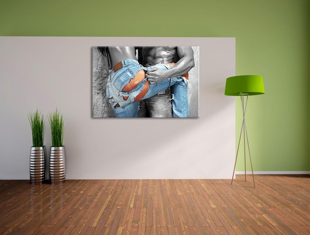 Frau in aufgerissener Jeans schwarz/weiss Format: 100x70 auf Leinwand, XXL riesige Bilder fertig ger